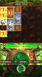 Leprechaun Riches · Identifikasi tampilan saldo, taruhan berjalan, dan kontrol putaran.